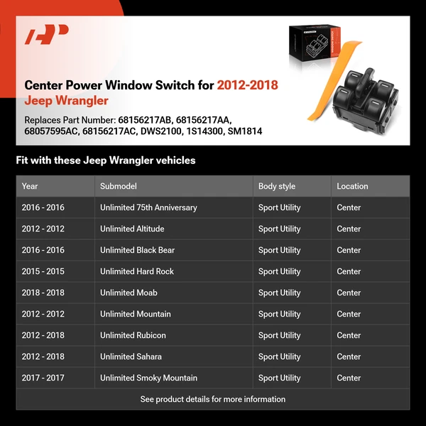 Center Power Window Switch for 2012-2018 Jeep Wrangler