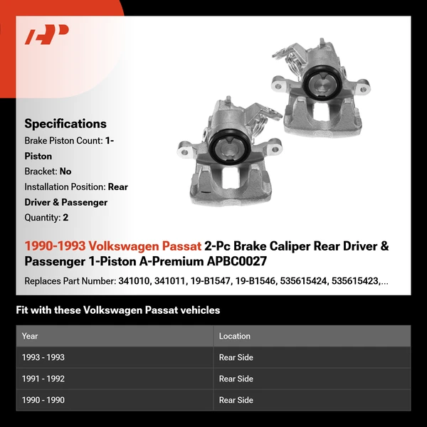 1990-1993 Volkswagen Passat 2-Pc Brake Caliper Rear Driver & Passenger 1-Piston A-Premium APBC0027