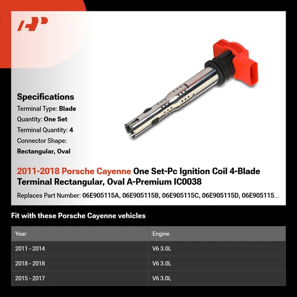 2011-2018 Porsche Cayenne One Set-Pc Ignition Coil 4-Blade Terminal Rectangular, Oval A-Premium IC0038