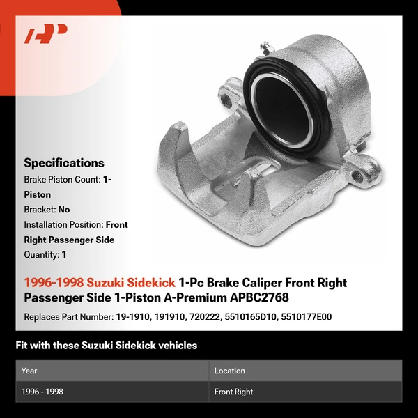 1996-1998 Suzuki Sidekick 1-Pc Brake Caliper Front Right Passenger Side 1-Piston A-Premium APBC2768