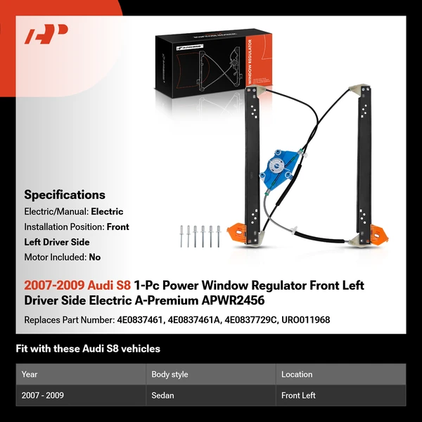 2007-2009 Audi S8 1-Pc Power Window Regulator Front Left Driver Side Electric A-Premium APWR2456