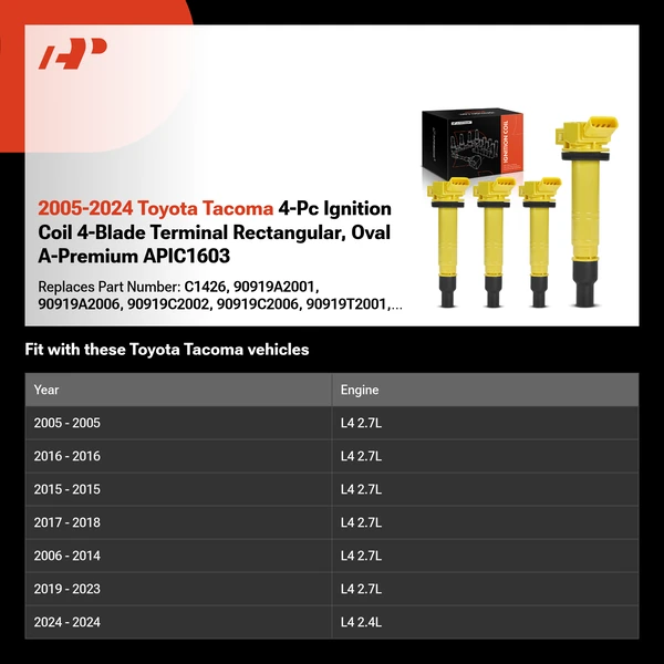2005-2024 Toyota Tacoma 4-Pc Ignition Coil 4-Blade Terminal Rectangular, Oval A-Premium APIC1603