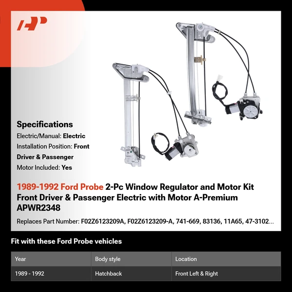 1989-1992 Ford Probe 2-Pc Window Regulator and Motor Kit Front Driver & Passenger Electric with Motor A-Premium APWR2348