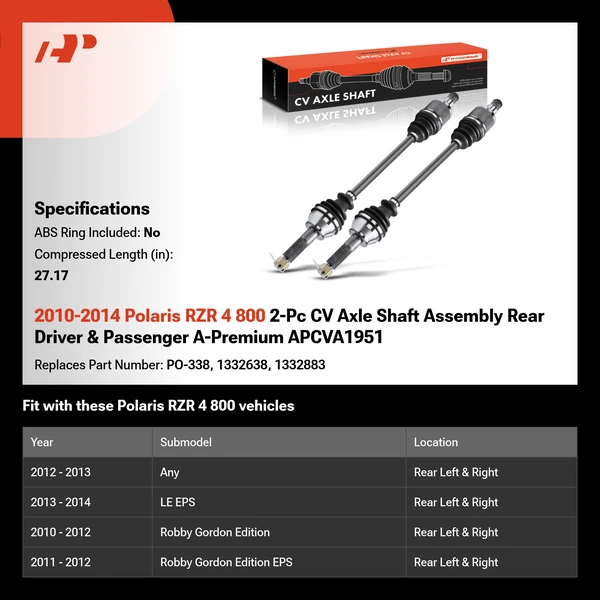 2010-2014 Polaris RZR 4 800 2-Pc CV Axle Shaft Assembly Rear Driver & Passenger A-Premium APCVA1951