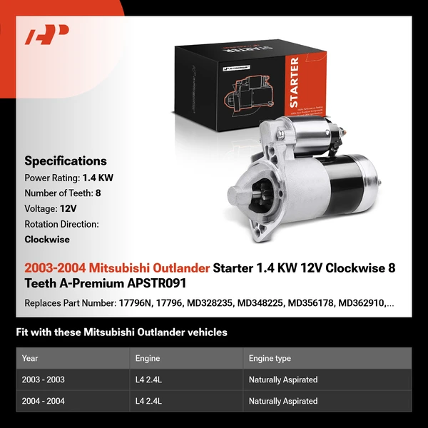 2003-2004 Mitsubishi Outlander Starter 1.4 KW 12V Clockwise 8 Teeth A-Premium APSTR091