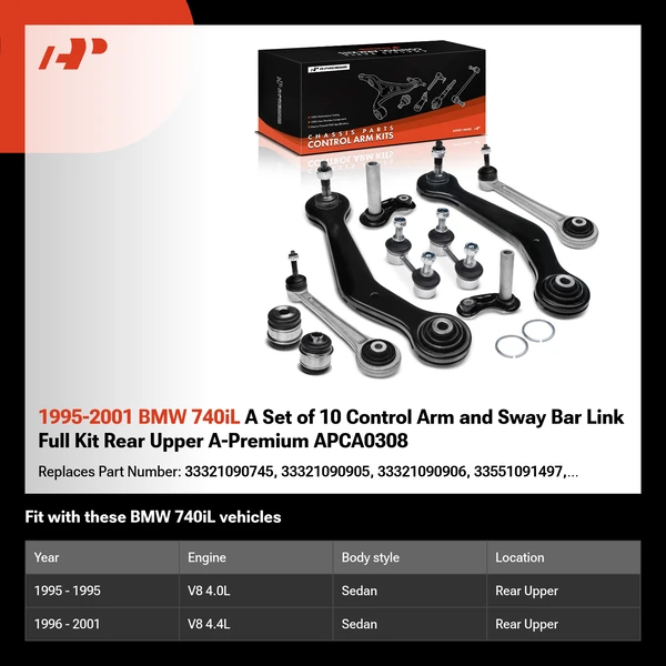 1995-2001 BMW 740iL A Set of 10 Control Arm and Sway Bar Link Full Kit Rear Upper A-Premium APCA0308
