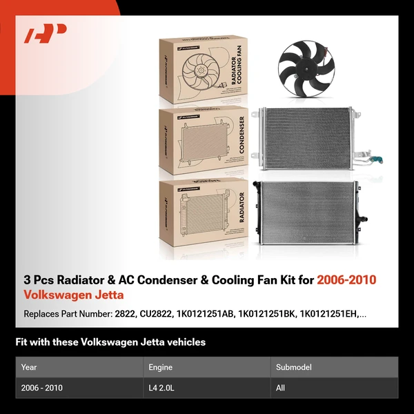 3 Pcs Radiator & AC Condenser & Cooling Fan Kit for 2006-2010 Volkswagen Jetta