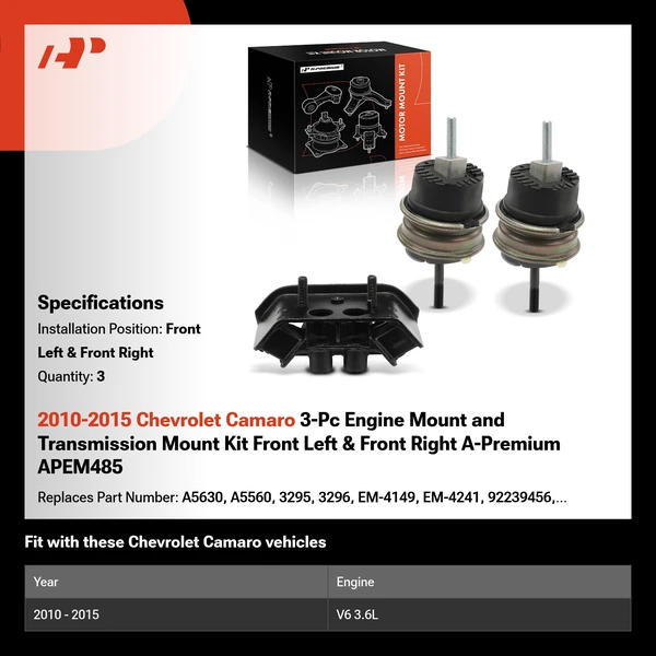 2010-2015 Chevrolet Camaro 3-Pc Engine Mount and Transmission Mount Kit Front Left & Front Right A-Premium APEM485