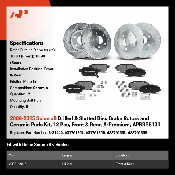 2008-2015 Scion xB Drilled & Slotted Disc Brake Rotors and Ceramic Pads Kit, 12 Pcs, Front & Rear, A-Premium, APBRPS101