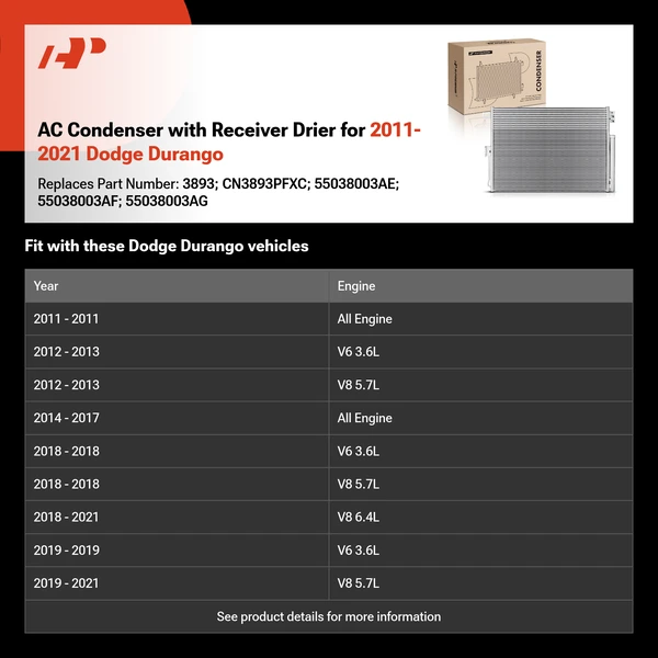 AC Condenser with Receiver Drier for 2011-2021 Dodge Durango
