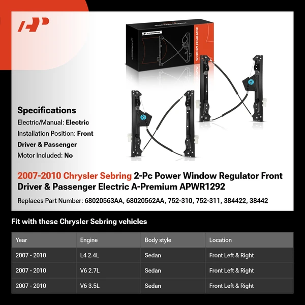 2007-2010 Chrysler Sebring 2-Pc Power Window Regulator Front Driver & Passenger Electric A-Premium APWR1292