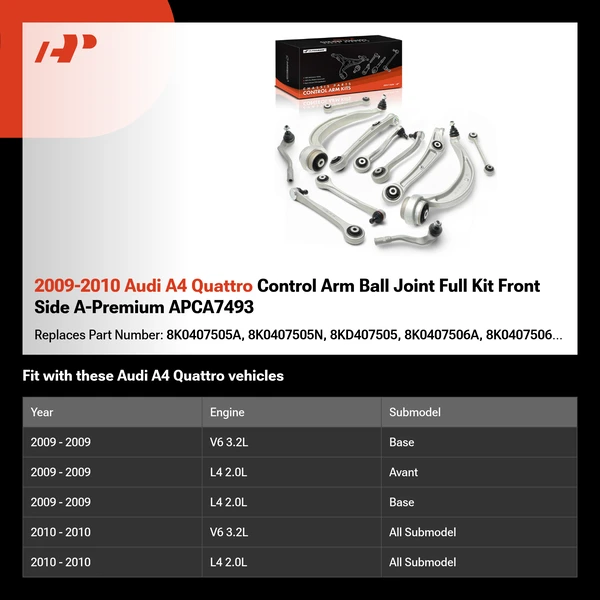 2009-2010 Audi A4 Quattro Control Arm Ball Joint Full Kit Front Side A-Premium APCA7493