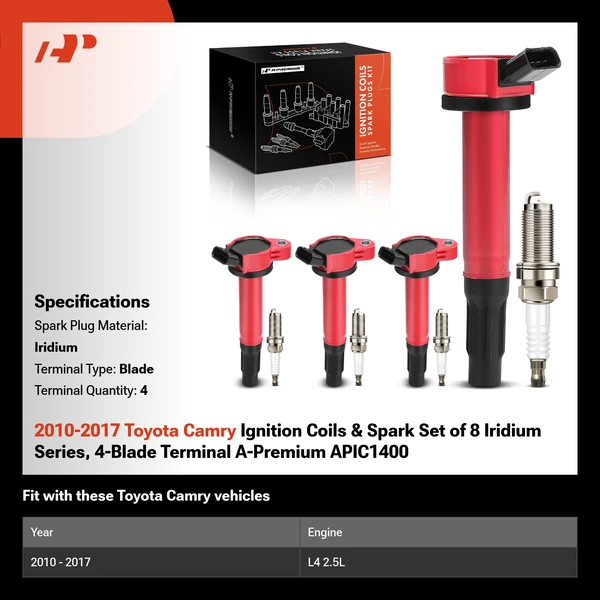 2010-2017 Toyota Camry Ignition Coils & Spark Set of 8 Iridium Series, 4-Blade Terminal A-Premium APIC1400