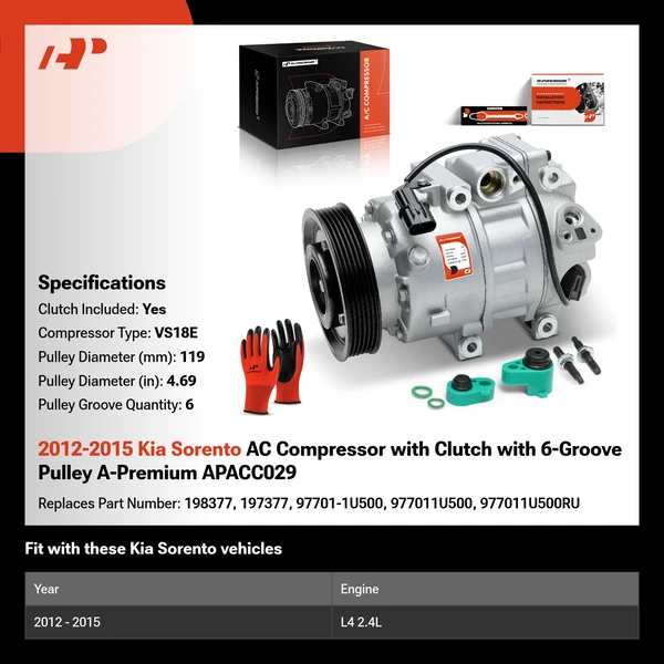 2012-2015 Kia Sorento AC Compressor with Clutch with 6-Groove Pulley A-Premium APACC029