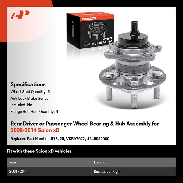 Rear Driver or Passenger Wheel Bearing & Hub Assembly for 2008-2014 Scion xD