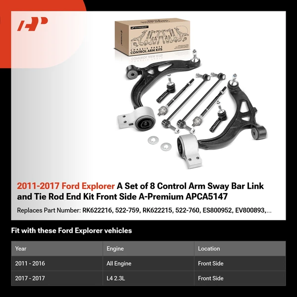 2011-2017 Ford Explorer A Set of 8 Control Arm Sway Bar Link and Tie Rod End Kit Front Side A-Premium APCA5147