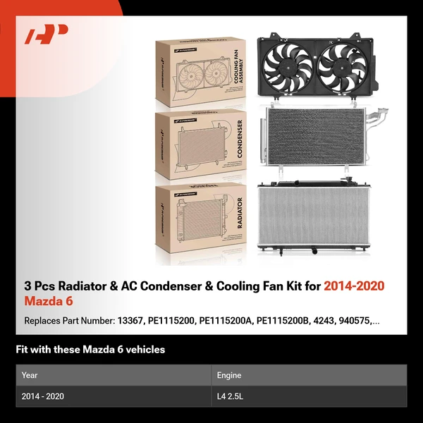 3 Pcs Radiator & AC Condenser & Cooling Fan Kit for 2014-2020 Mazda 6
