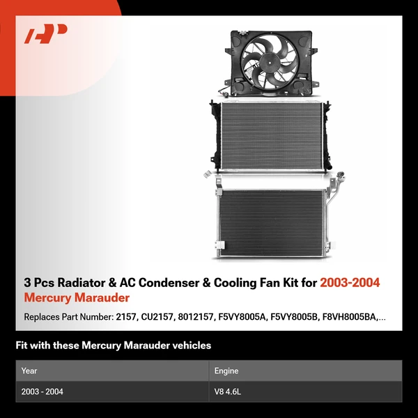 3 Pcs Radiator & AC Condenser & Cooling Fan Kit for 2003-2004 Mercury Marauder