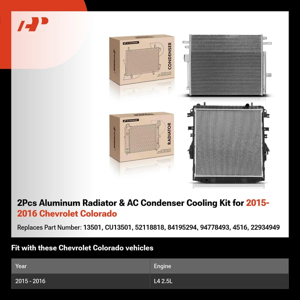 2Pcs Aluminum Radiator & AC Condenser Cooling Kit for 2015-2016 Chevrolet Colorado