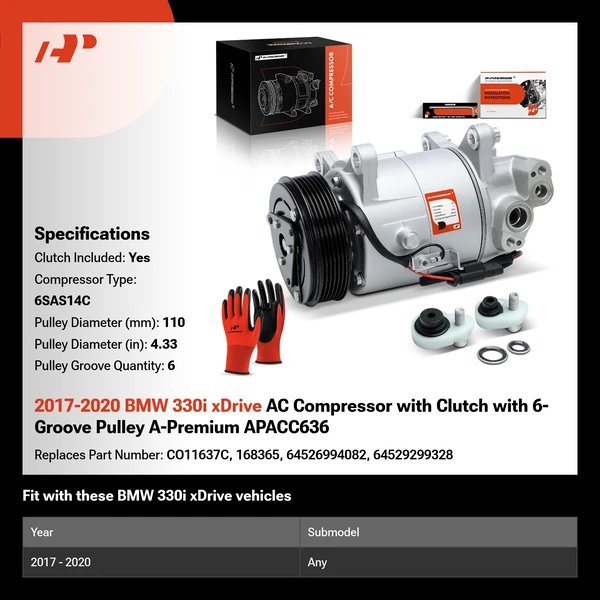 2017-2020 BMW 330i xDrive AC Compressor with Clutch with 6-Groove Pulley A-Premium APACC636