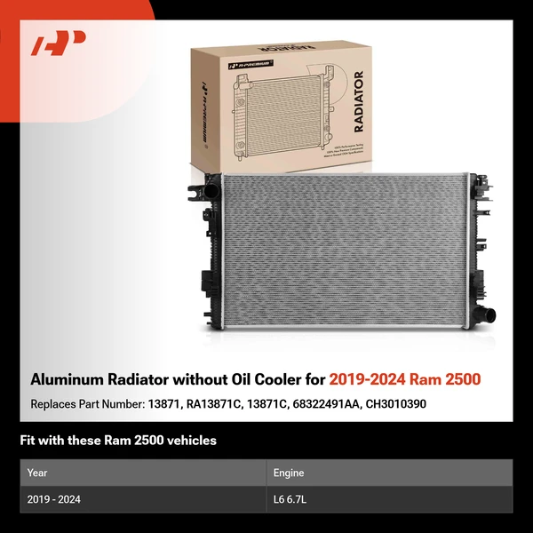 Aluminum Radiator without Oil Cooler for 2019-2024 Ram 2500