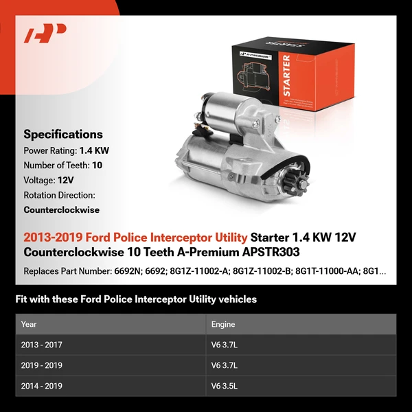 2013-2019 Ford Police Interceptor Utility Starter 1.4 KW 12V Counterclockwise 10 Teeth A-Premium APSTR303