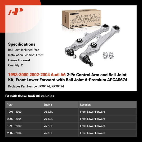 1998-2000 2002-2004 Audi A6 2-Pc Control Arm and Ball Joint Kit, Front Lower Forward with Ball Joint A-Premium APCA0674
