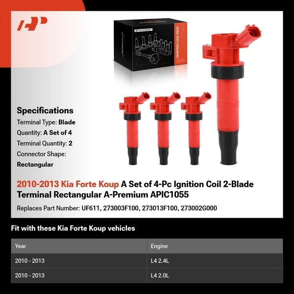 2010-2013 Kia Forte Koup A Set of 4-Pc Ignition Coil 2-Blade Terminal Rectangular A-Premium APIC1055
