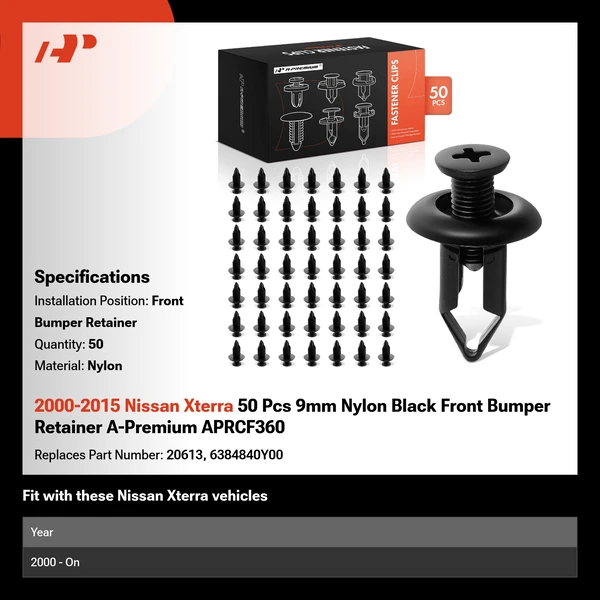 2000-2015 Nissan Xterra 50 Pcs 9mm Nylon Black Front Bumper Retainer A-Premium APRCF360