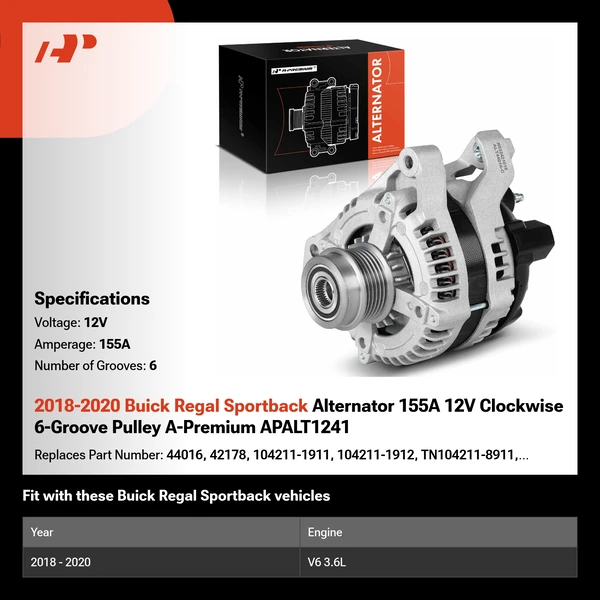 2018-2020 Buick Regal Sportback Alternator 155A 12V Clockwise 6-Groove Pulley A-Premium APALT1241