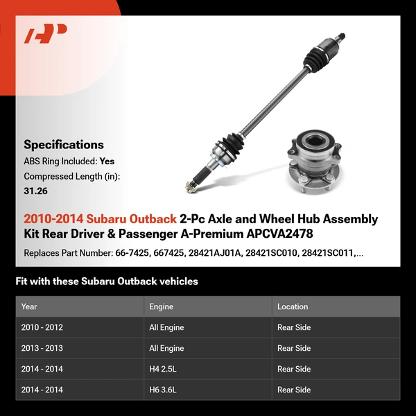 2010-2014 Subaru Outback 2-Pc Axle and Wheel Hub Assembly Kit Rear Driver & Passenger A-Premium APCVA2478