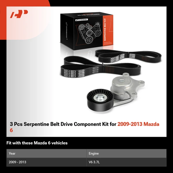 3 Pcs Serpentine Belt Drive Component Kit for 2009-2013 Mazda 6