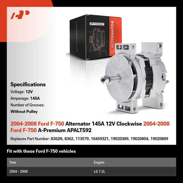 2004-2008 Ford F-750 Alternator 145A 12V Clockwise 2004-2008 Ford F-750 A-Premium APALT592