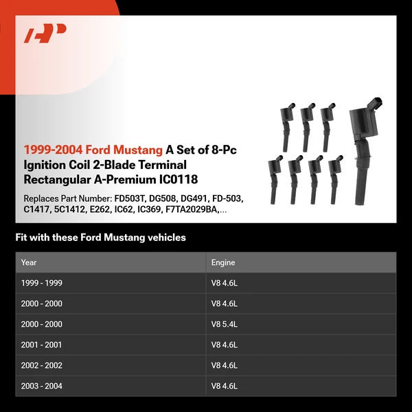 1999-2004 Ford Mustang A Set of 8-Pc Ignition Coil 2-Blade Terminal Rectangular A-Premium IC0118