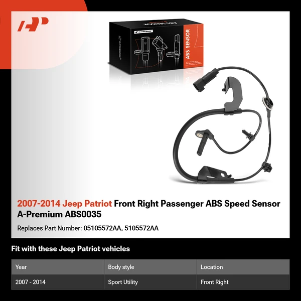 2007-2014 Jeep Patriot Front Right Passenger ABS Speed Sensor A-Premium ABS0035