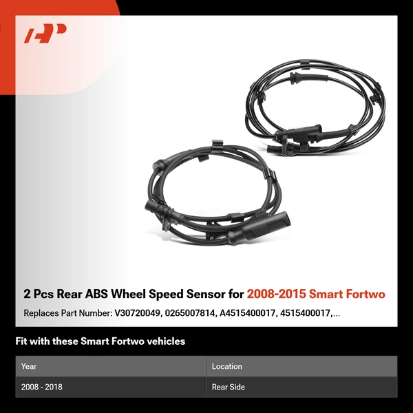 2 Pcs Rear ABS Wheel Speed Sensor for 2008-2015 Smart Fortwo