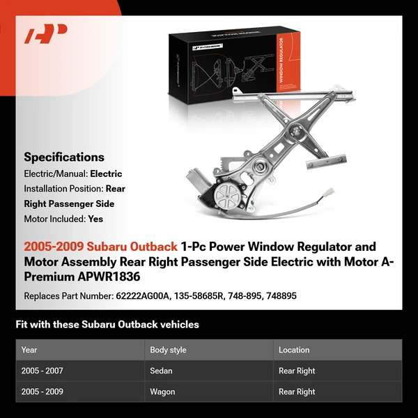 2005-2009 Subaru Outback 1-Pc Power Window Regulator and Motor Assembly Rear Right Passenger Side Electric with Motor A-Premium APWR1836