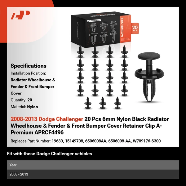 2008-2013 Dodge Challenger 20 Pcs 6mm Nylon Black Radiator Wheelhouse & Fender & Front Bumper Cover Retainer Clip A-Premium APRCF4496
