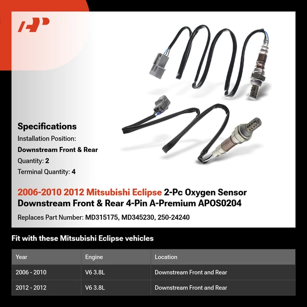 2006-2010 2012 Mitsubishi Eclipse 2-Pc Oxygen Sensor Downstream Front & Rear 4-Pin A-Premium APOS0204