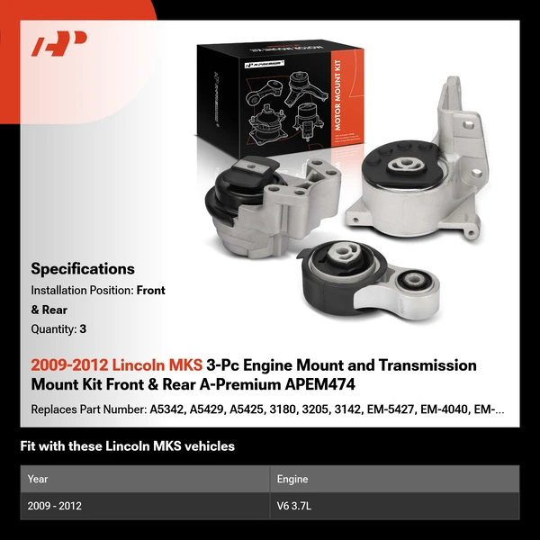 2009-2012 Lincoln MKS 3-Pc Engine Mount and Transmission Mount Kit Front & Rear A-Premium APEM474