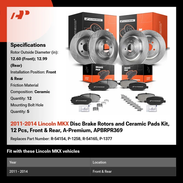 2011-2014 Lincoln MKX Disc Brake Rotors and Ceramic Pads Kit, 12 Pcs, Front & Rear, A-Premium, APBRPR369