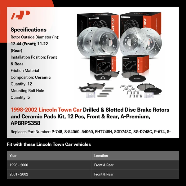 1998-2002 Lincoln Town Car Drilled & Slotted Disc Brake Rotors and Ceramic Pads Kit, 12 Pcs, Front & Rear, A-Premium, APBRPS358