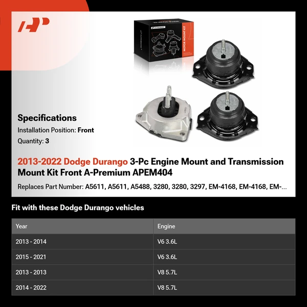 2013-2022 Dodge Durango 3-Pc Engine Mount and Transmission Mount Kit Front A-Premium APEM404