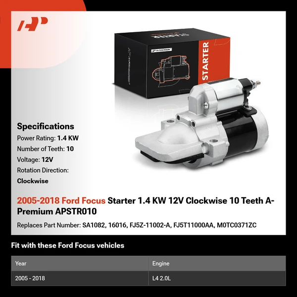 2005-2018 Ford Focus Starter 1.4 KW 12V Clockwise 10 Teeth A-Premium APSTR010