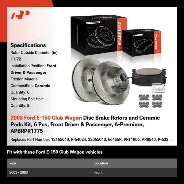 2003 Ford E-150 Club Wagon Disc Brake Rotors and Ceramic Pads Kit, 6 Pcs, Front Driver & Passenger, A-Premium, APBRPR1775