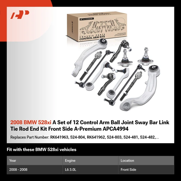 2008 BMW 528xi A Set of 12 Control Arm Ball Joint Sway Bar Link Tie Rod End Kit Front Side A-Premium APCA4994