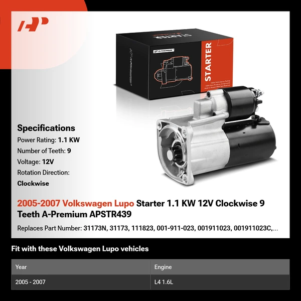 2005-2007 Volkswagen Lupo Starter 1.1 KW 12V Clockwise 9 Teeth A-Premium APSTR439