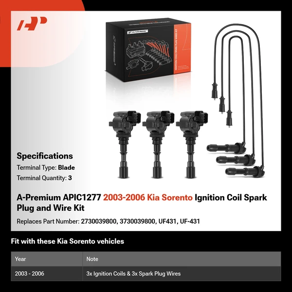 A-Premium APIC1277 2003-2006 Kia Sorento Ignition Coil Spark Plug and Wire Kit