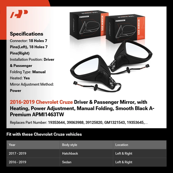 2016-2019 Chevrolet Cruze Driver & Passenger Mirror, with Heating, Power Adjustment, Manual Folding, Smooth Black A-Premium APMI1463TW