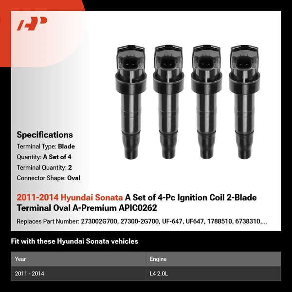 2011-2014 Hyundai Sonata A Set of 4-Pc Ignition Coil 2-Blade Terminal Oval A-Premium APIC0262